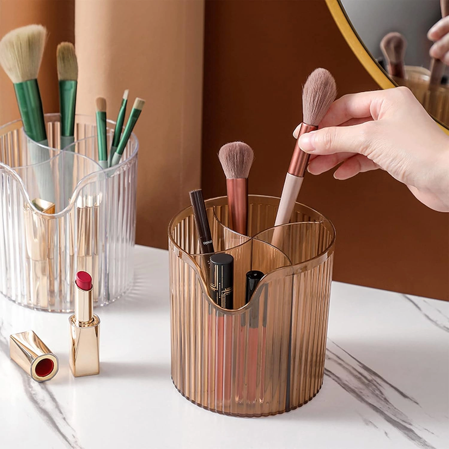 Makeup Brush Holder,Transparent Makeup Organizer,4 Slot Makeup Brushes Cup,for Vanity Decor,Bathroom Countertops,Desk Storage Container,Cosmetic Display cases（Clear Coffee）