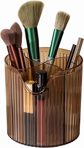 Makeup Brush Holder,Transparent Makeup Organizer,4 Slot Makeup Brushes Cup,for Vanity Decor,Bathroom Countertops,Desk Storage Container,Cosmetic Display cases（Clear Coffee）