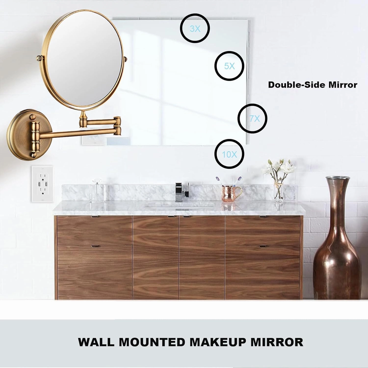 Makeup Mirror Magnification Wall Mounted, Cosmetic Mirror with Extend and Fold, Wall Mount Vanity Mirror with 360° Swivel, Double Sided Wall Mirror for Makeup Bathroom Shaving Mirror