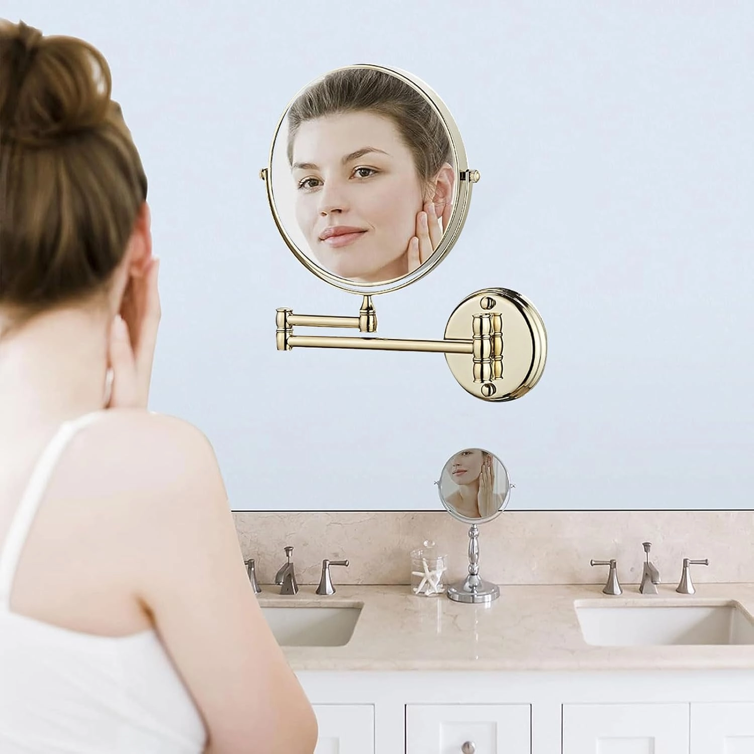 Makeup Mirror Magnification Wall Mounted, Cosmetic Mirror with Extend and Fold, Wall Mount Vanity Mirror with 360° Swivel, Double Sided Wall Mirror for Makeup Bathroom Shaving Mirror