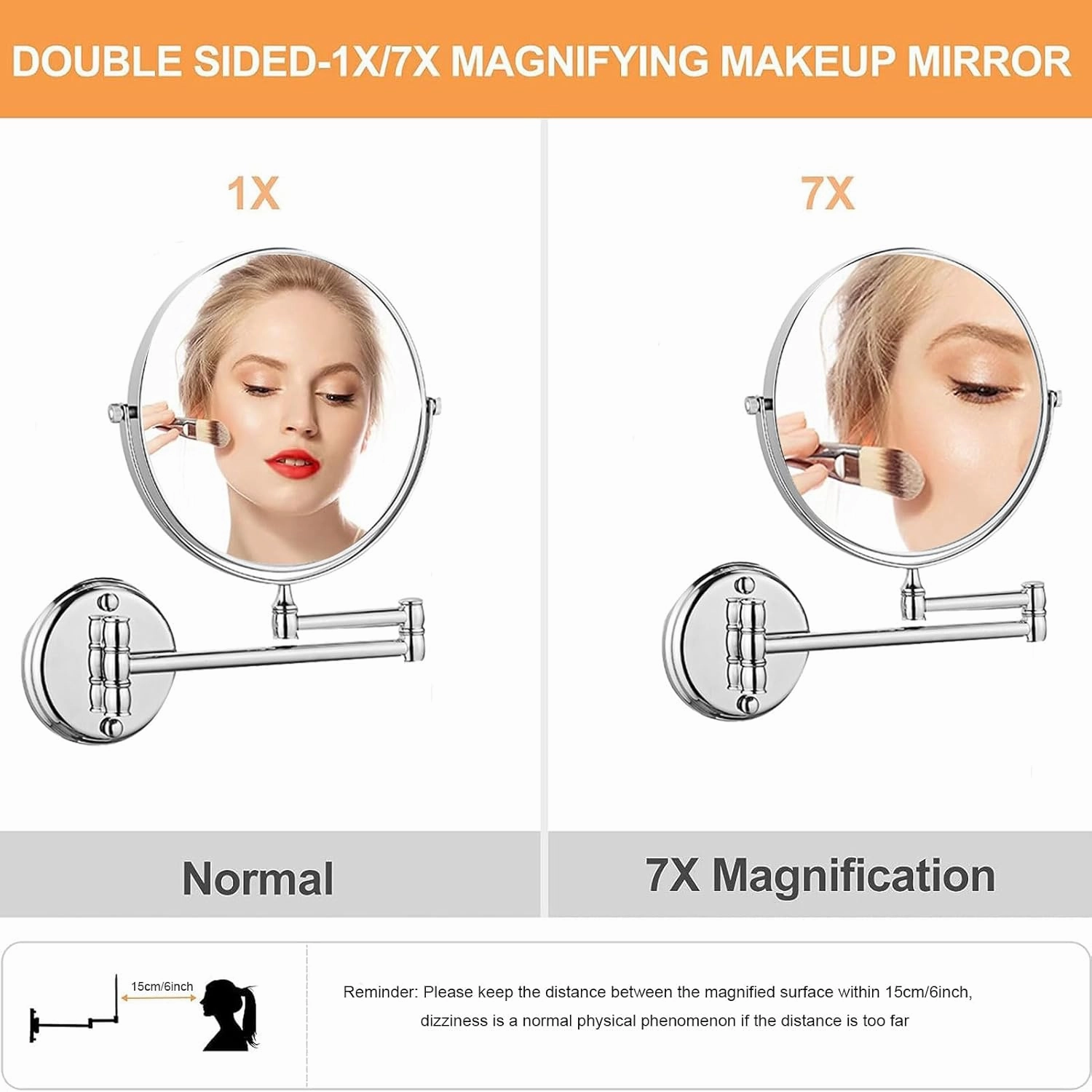 Makeup Mirror Magnification Wall Mounted, Cosmetic Mirror with Extend and Fold, Wall Mount Vanity Mirror with 360° Swivel, Double Sided Wall Mirror for Makeup Bathroom Shaving Mirror