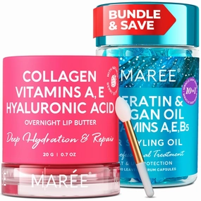 MAREE Glow Up Bundle - Overnight Collagen Lip Mask & Hair Styling Oil for Frizzy Dry & Damaged Hair Nourish & Hydrate Your Lips & Hair