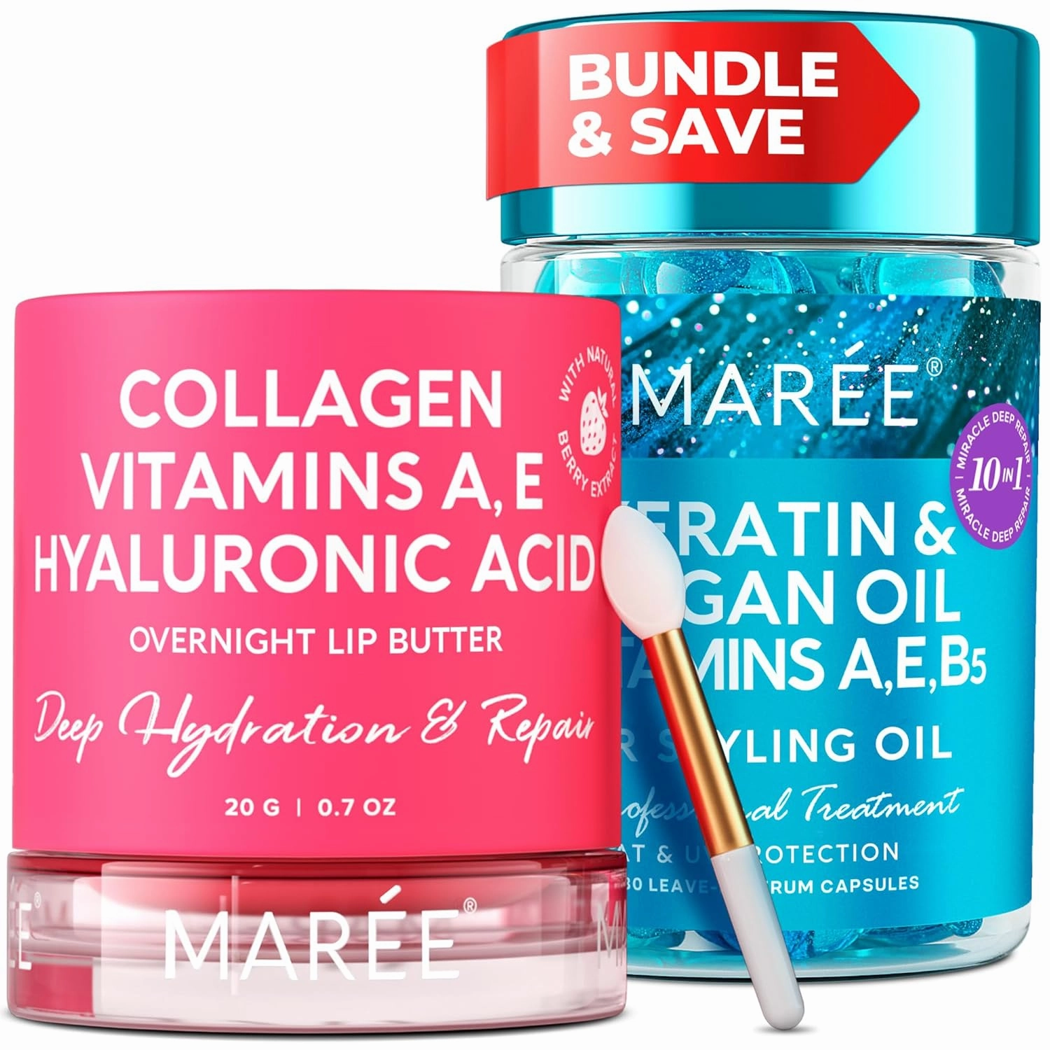 MAREE Glow Up Bundle - Overnight Collagen Lip Mask & Hair Styling Oil for Frizzy Dry & Damaged Hair Nourish & Hydrate Your Lips & Hair