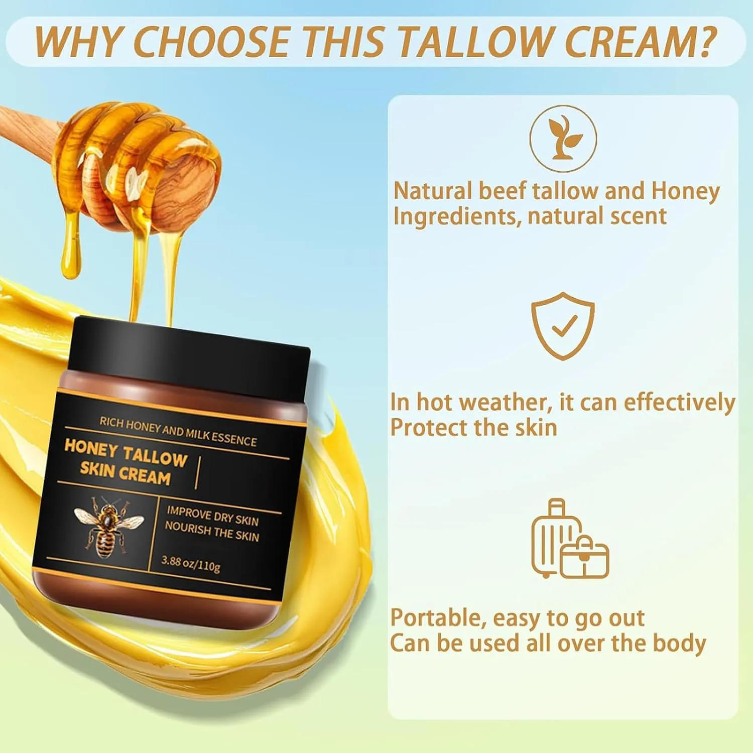 Marroomi Tallow Honey Balm, Marroomi Organic Grass-Fed Beef Tallow Balm with Raw Honey, Whipped Moisturizer for Face & Body, Natural Formula for Dry & Sensitive Skin (2PCS Citrus, One Size)