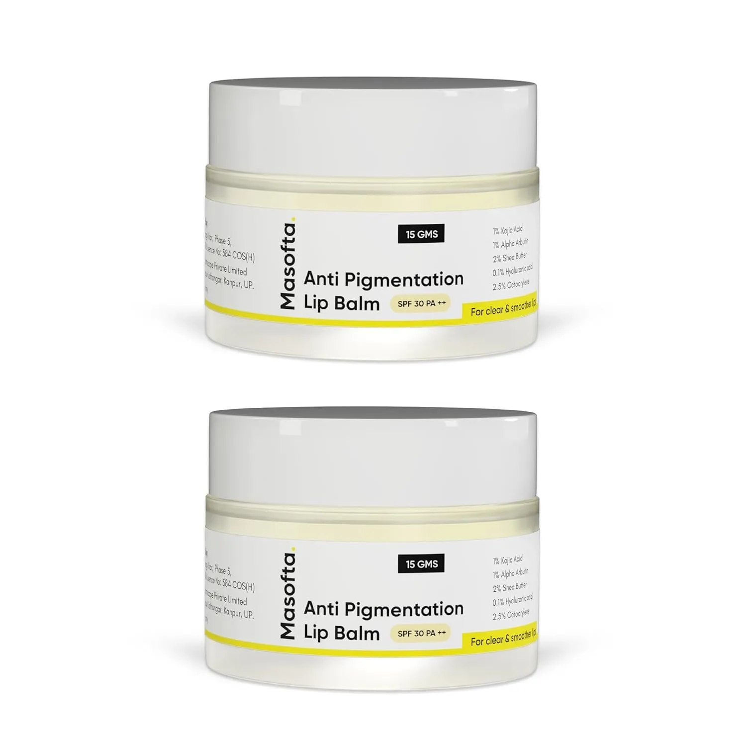 Masofta Anti Pigmentation Lip Balm with Kojic Acid, Alpha Arbutin & Shea Butter for Smooth, Crack Free & Clear Lips, SPF 30 PA  , For Men & Women, (Pack of 15GMS X 2)