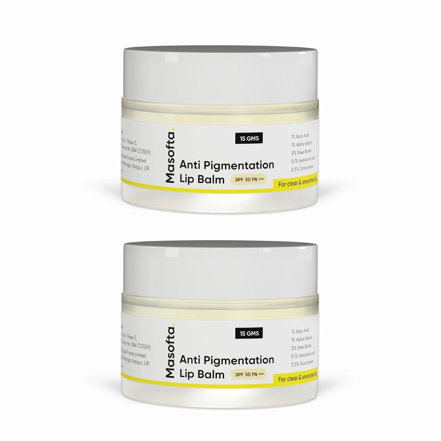 Masofta Anti Pigmentation Lip Balm with Kojic Acid, Alpha Arbutin & Shea Butter for Smooth, Crack Free & Clear Lips, SPF 30 PA  , For Men & Women, (Pack of 15GMS X 2)