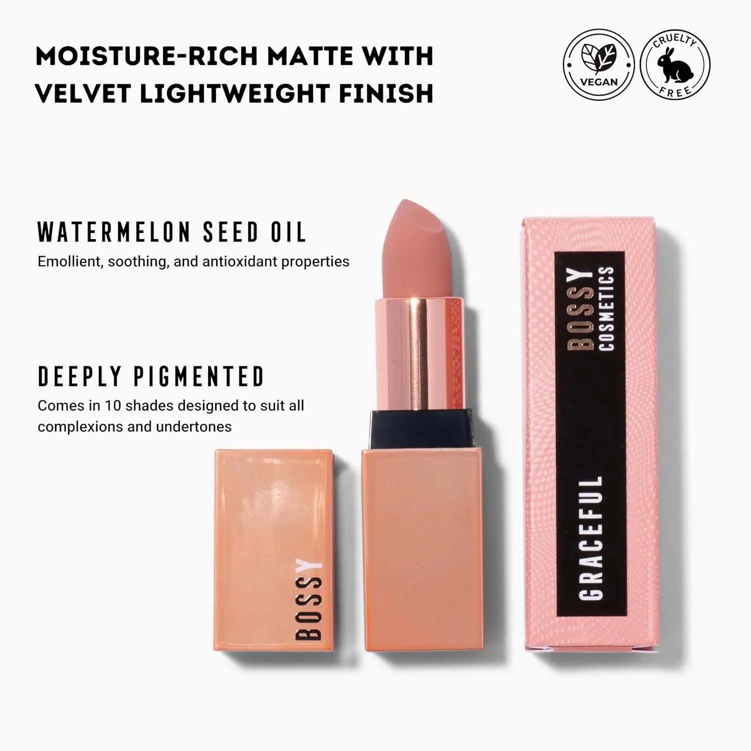 Matte, Long Lasting, Hydrating Vegan Lipstick with Vitamin E and Watermelon Seed Oil (Graceful - Light Pink Color)