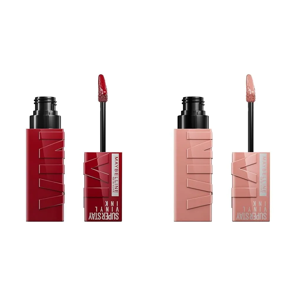 MAYBELLINE Super Stay Vinyl Ink Longwear No-Budge Liquid Lipcolor Makeup Bundle with Cranberry Red 0.14 fl oz and Pink 0.14 fl oz