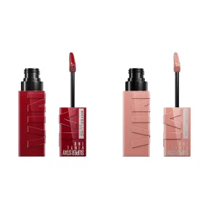 MAYBELLINE Super Stay Vinyl Ink Longwear No-Budge Liquid Lipcolor Makeup Bundle with Cranberry Red 0.14 fl oz and Pink 0.14 fl oz