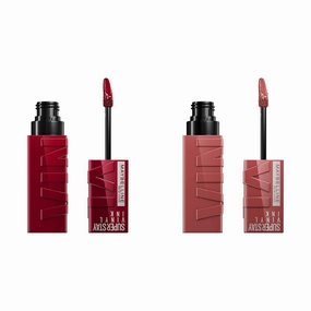 MAYBELLINE Super Stay Vinyl Ink Longwear No-Budge Liquid Lipcolor Makeup Bundle with Royal Deep Wine Red 0.14 fl oz and Peppy Pink 0.14 fl oz Lipsticks
