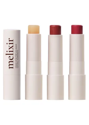 Melixir Vegan Lip Butter Trio (#01 Agave, #02 Nude Crumble, #05 Dewy Rose) – Hydrating Tinted Lip Balm for Dry, Chapped Lips, Petrolatum-Free, Gift Set for Women, Korean Lip Care, Skincare Set