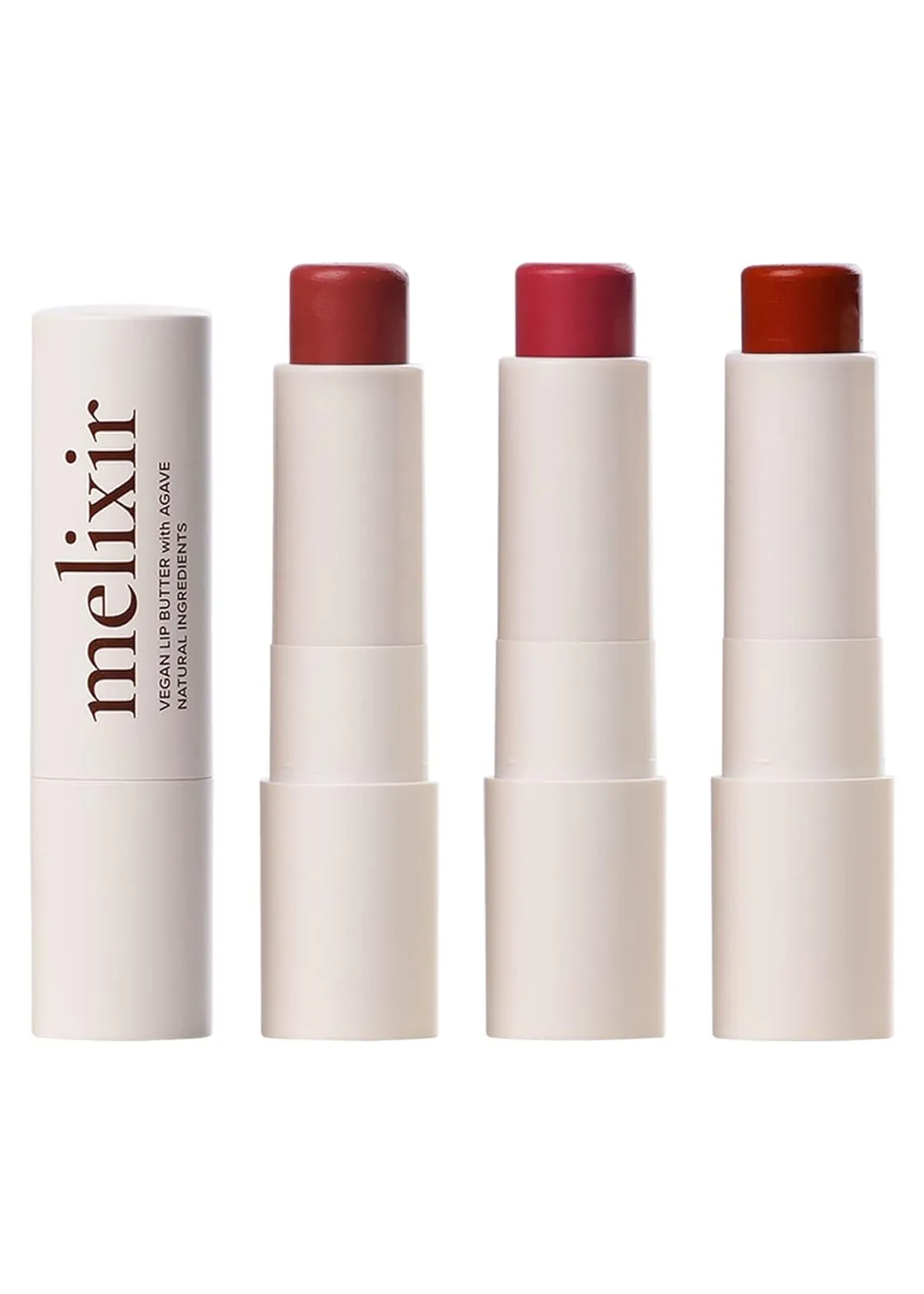 Melixir Vegan Lip Butter Trio (#02 Nude Crumble, #05 Dewy Rose, #06 Lust Red) – Hydrating Tinted Lip Balm for Dry, Chapped Lips, Petrolatum-Free, Gift Set for Women, Korean Lip Care, Skincare Set