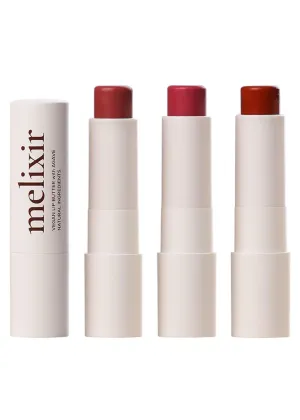 Melixir Vegan Lip Butter Trio (#02 Nude Crumble, #05 Dewy Rose, #06 Lust Red) – Hydrating Tinted Lip Balm for Dry, Chapped Lips, Petrolatum-Free, Gift Set for Women, Korean Lip Care, Skincare Set