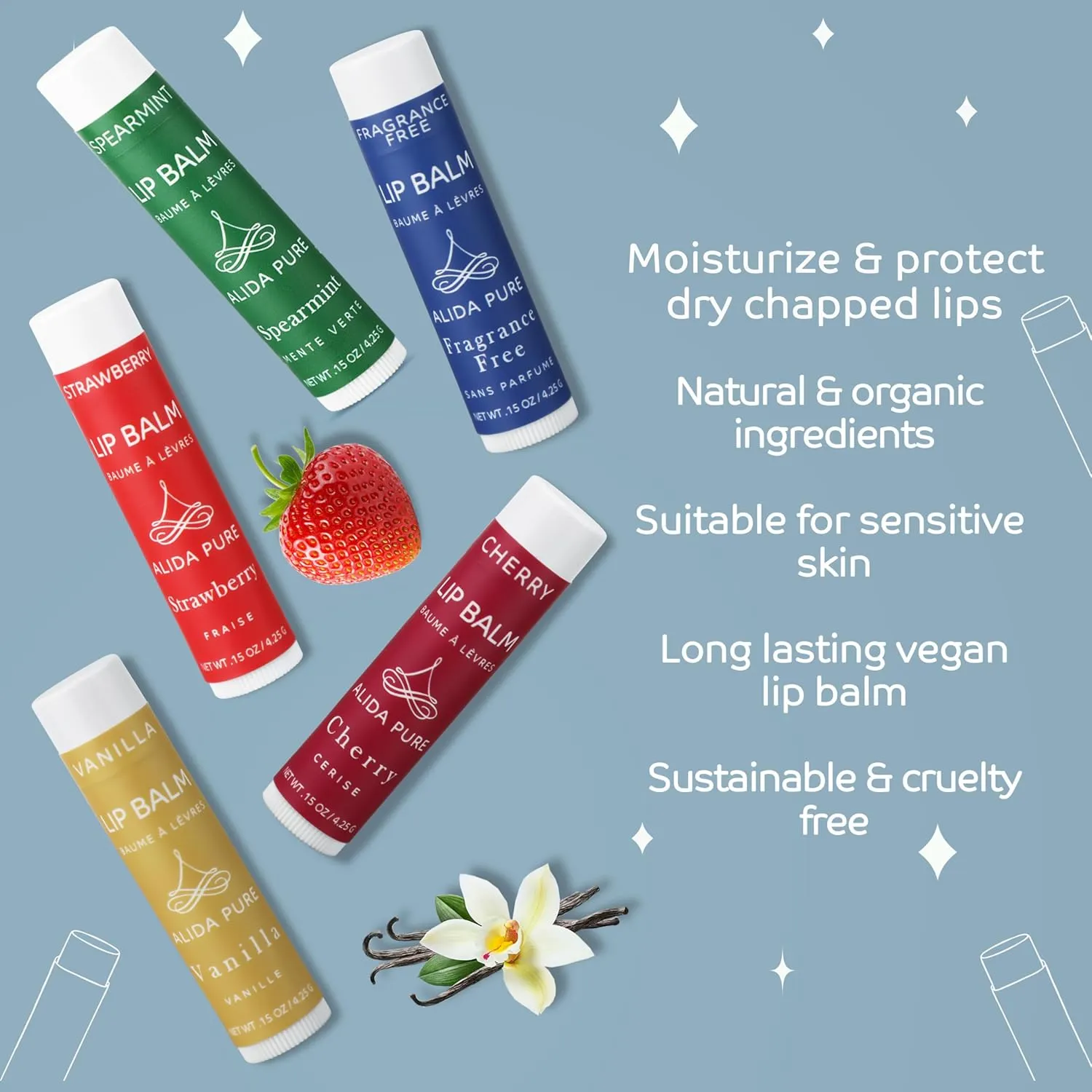 Melody Lip Balm Collection, Vegan Set, Beeswax Free, with Avocado And, Organic Jojoba Oil, and Vitamin E, Natural Moisturizer for Dry, Chapped Lips, 5 Tube Set