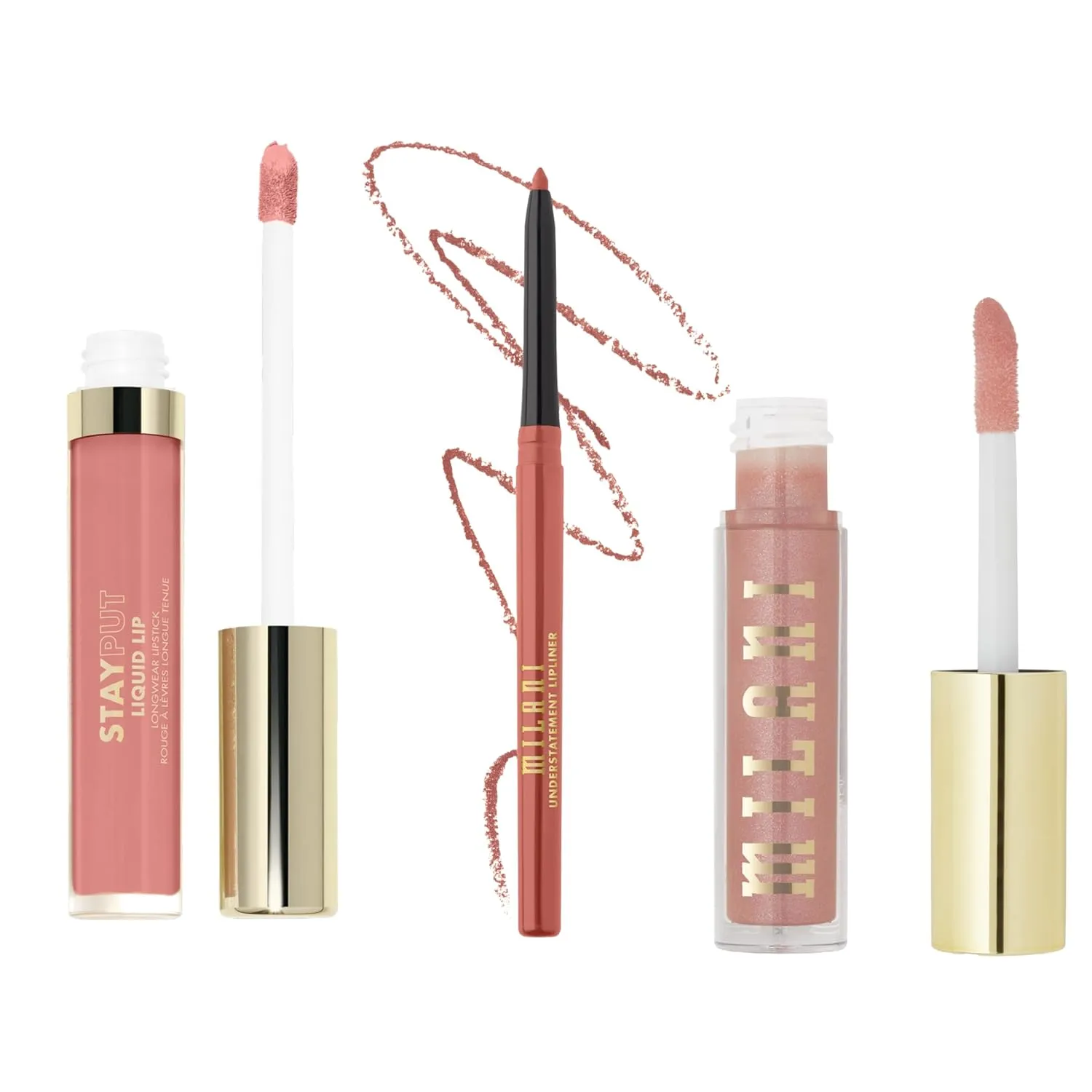 Milani Stay Put Longwear Liquid Lipstick The Moment   Understatement Lipliner Pencil - Highly Pigmented Retractable Soft Lip Liner Pencil   Keep It Full Nourishing Lip Plumper - Prismatic Peach