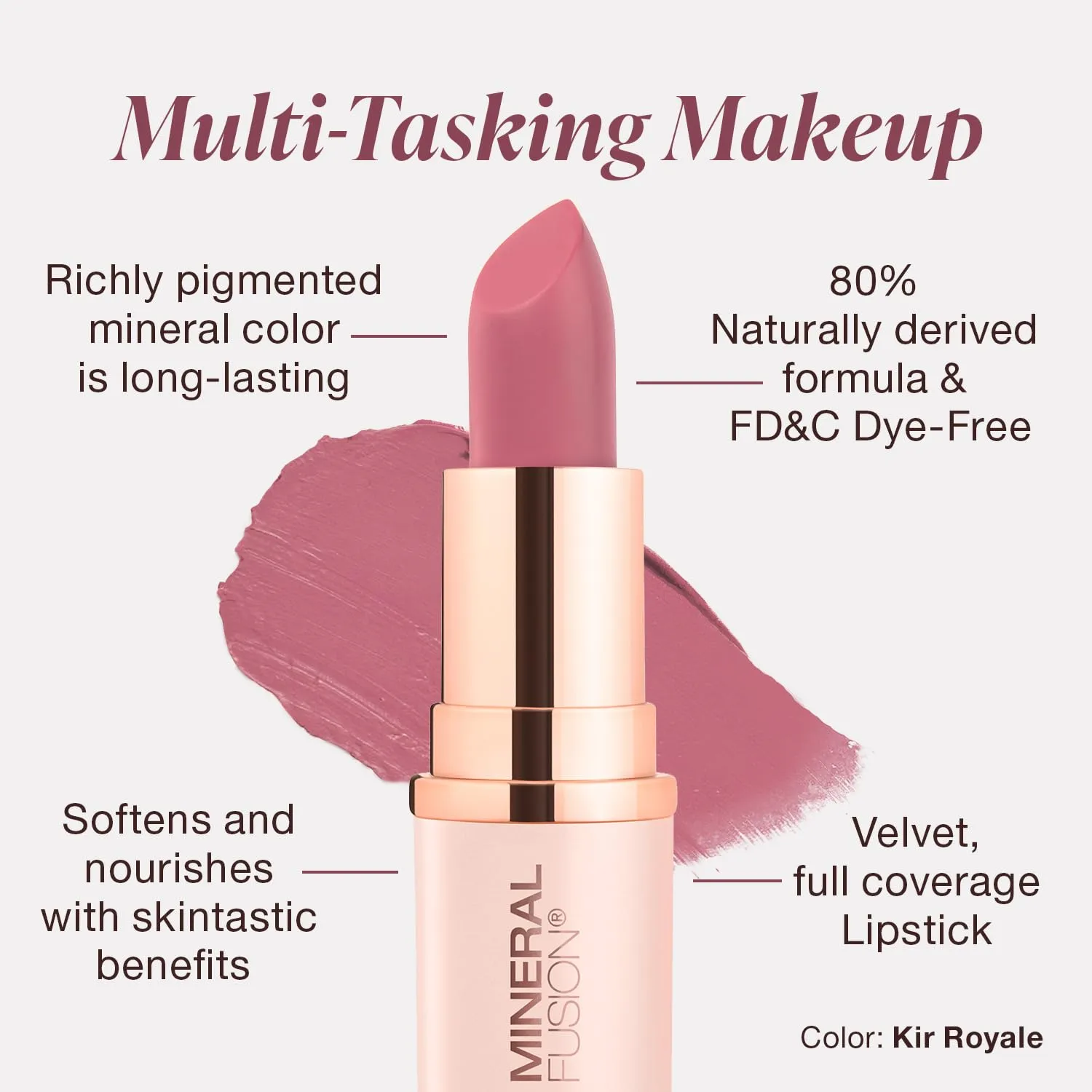 Mineral Fusion Lipstick, Vivid & Smudge-Free Lip Color with Avocado Oil, Cocoa Seed Butter & More, Long-Lasting Vegan Lipstick, FD&C Dye-Free, Cruelty-Free, Paraben-Free, Gluten Free, Kir Royale
