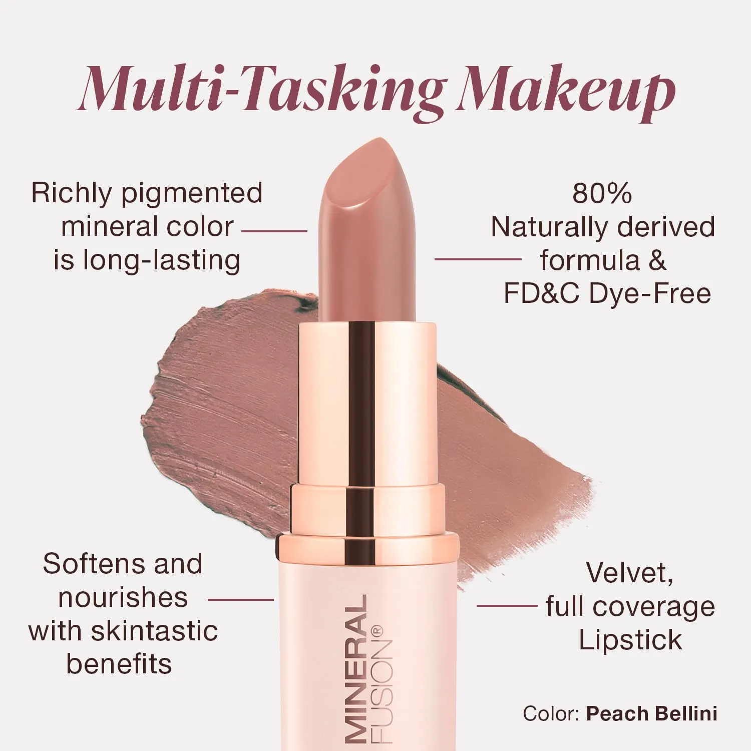 Mineral Fusion Lipstick, Vivid & Smudge-Free Lip Color with Avocado Oil, Cocoa Seed Butter & More, Long-Lasting Vegan Lipstick, FD&C Dye-Free, Cruelty-Free, Paraben-Free, Gluten Free, Peach Bellini