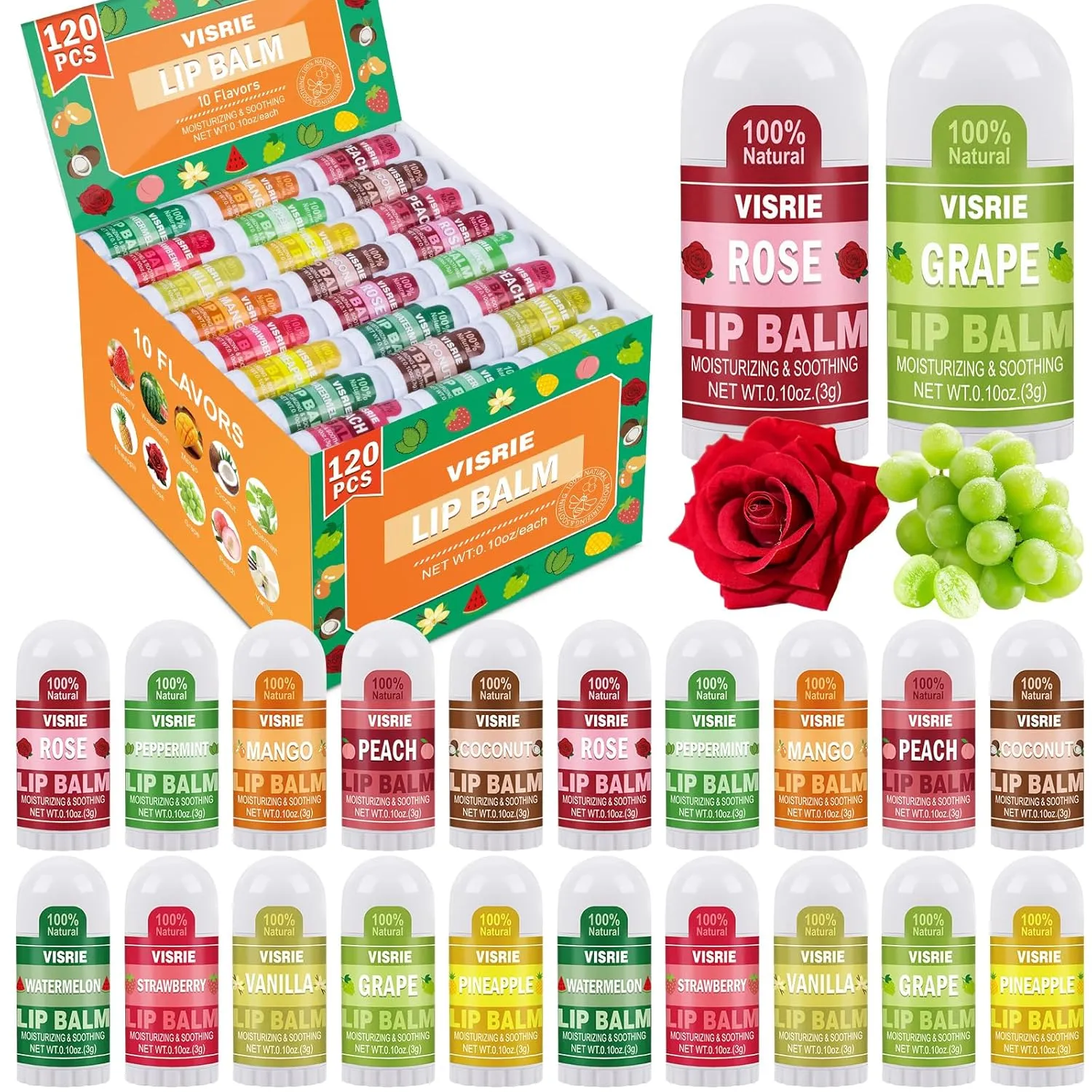 Mini Lip Balm 120 Pack, Natural Lip Balm Bulk with Vitamin E & Coconut Oil, Moisturizing Lip Balms for Dry Cracked lips - 10 Flavors