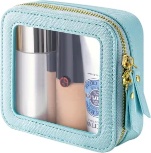 Mini Makeup Bag for Purse - Clear Travel Leather Toiletry Bag with Zipper - Car Organizer Bag - Small Waterproof Cosmetic Organizer Case for On-the-Go Essentials （Water Blue）