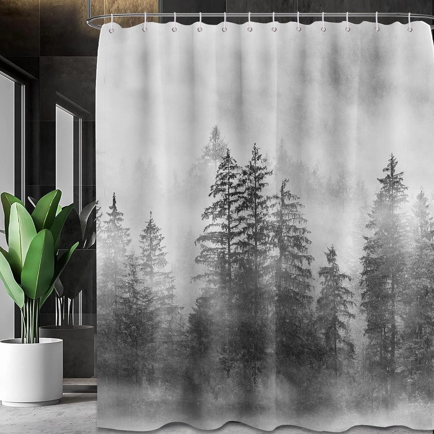 Misty Forest Shower Curtain Grey Tree Nature Manly Black and White Mens Bathroom Decor, Waterproof Cloth Fabric with Hooks, 70x72 inch