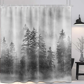 Misty Forest Shower Curtain Grey Tree Nature Manly Black and White Mens Bathroom Decor, Waterproof Cloth Fabric with Hooks, 70x72 inch