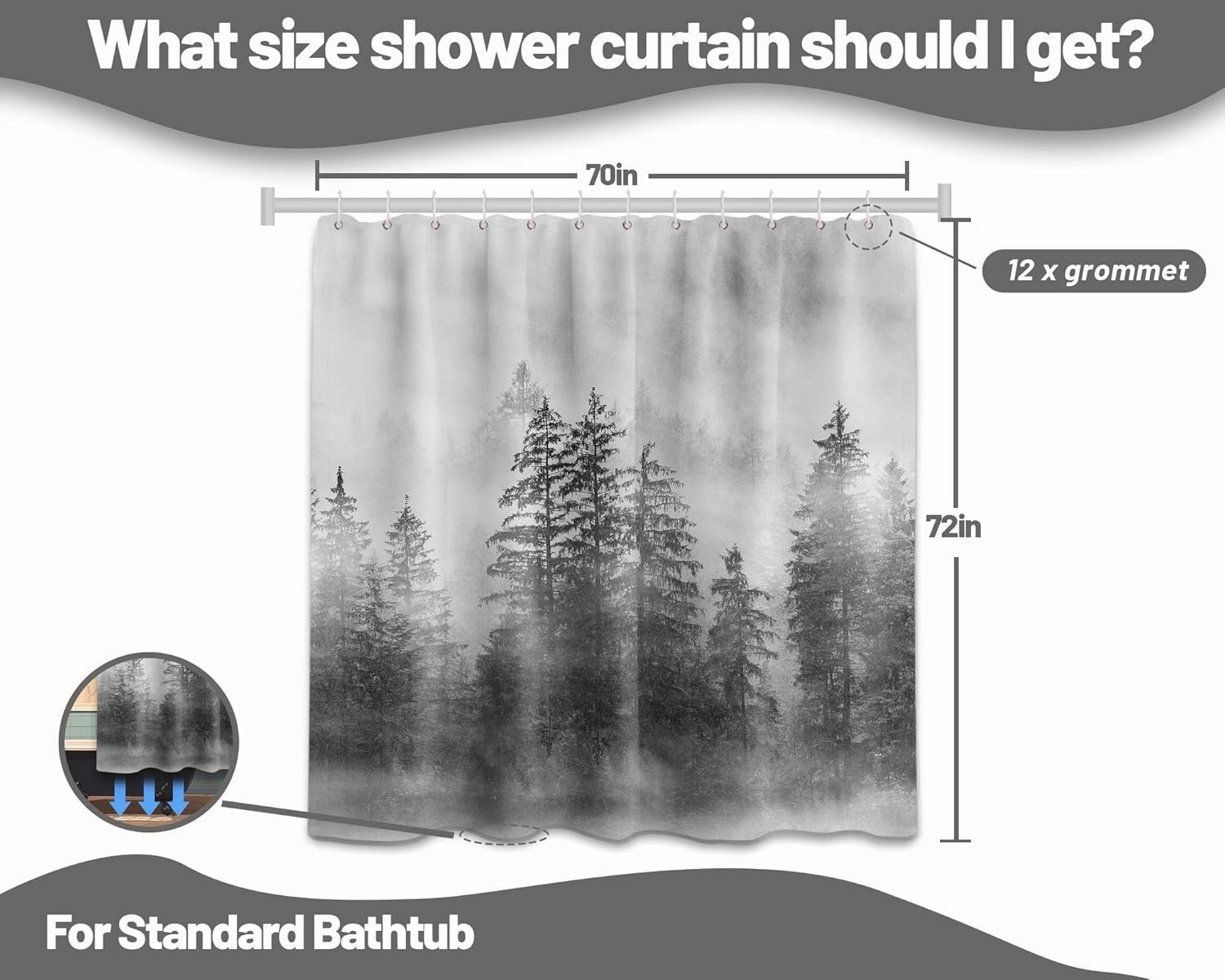 Misty Forest Shower Curtain Grey Tree Nature Manly Black and White Mens Bathroom Decor, Waterproof Cloth Fabric with Hooks, 70x72 inch