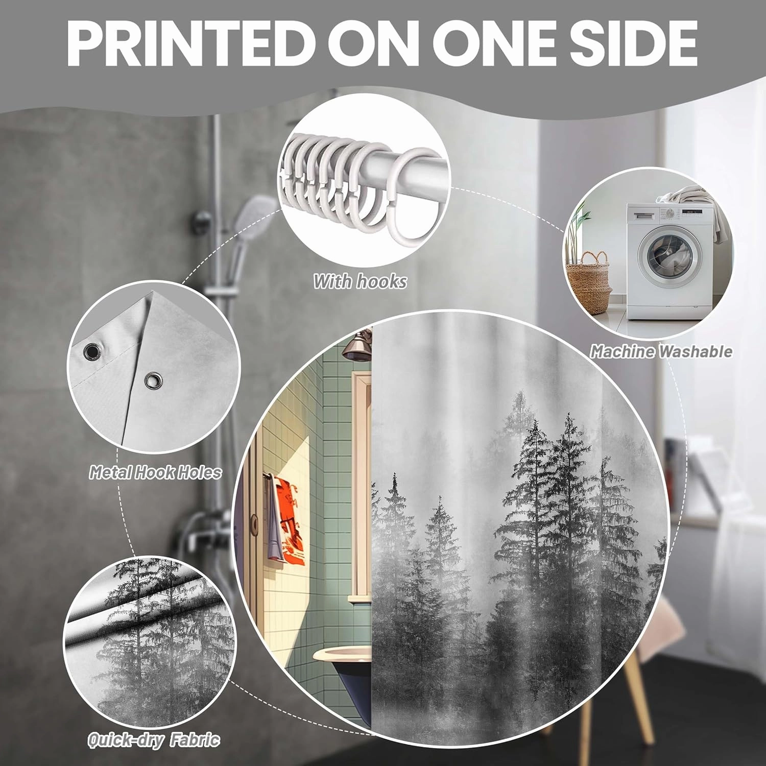 Misty Forest Shower Curtain Grey Tree Nature Manly Black and White Mens Bathroom Decor, Waterproof Cloth Fabric with Hooks, 70x72 inch