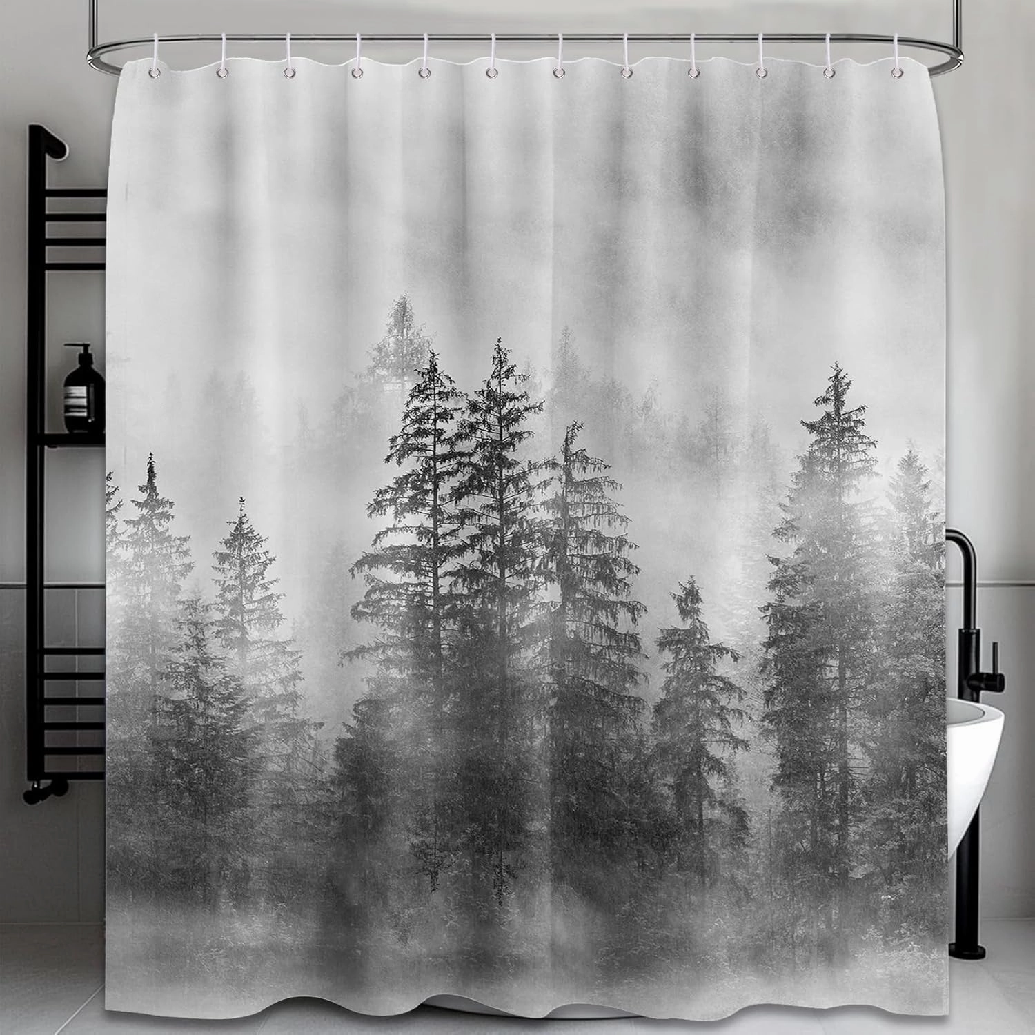 Misty Forest Shower Curtain Grey Tree Nature Manly Black and White Mens Bathroom Decor, Waterproof Cloth Fabric with Hooks, 70x72 inch