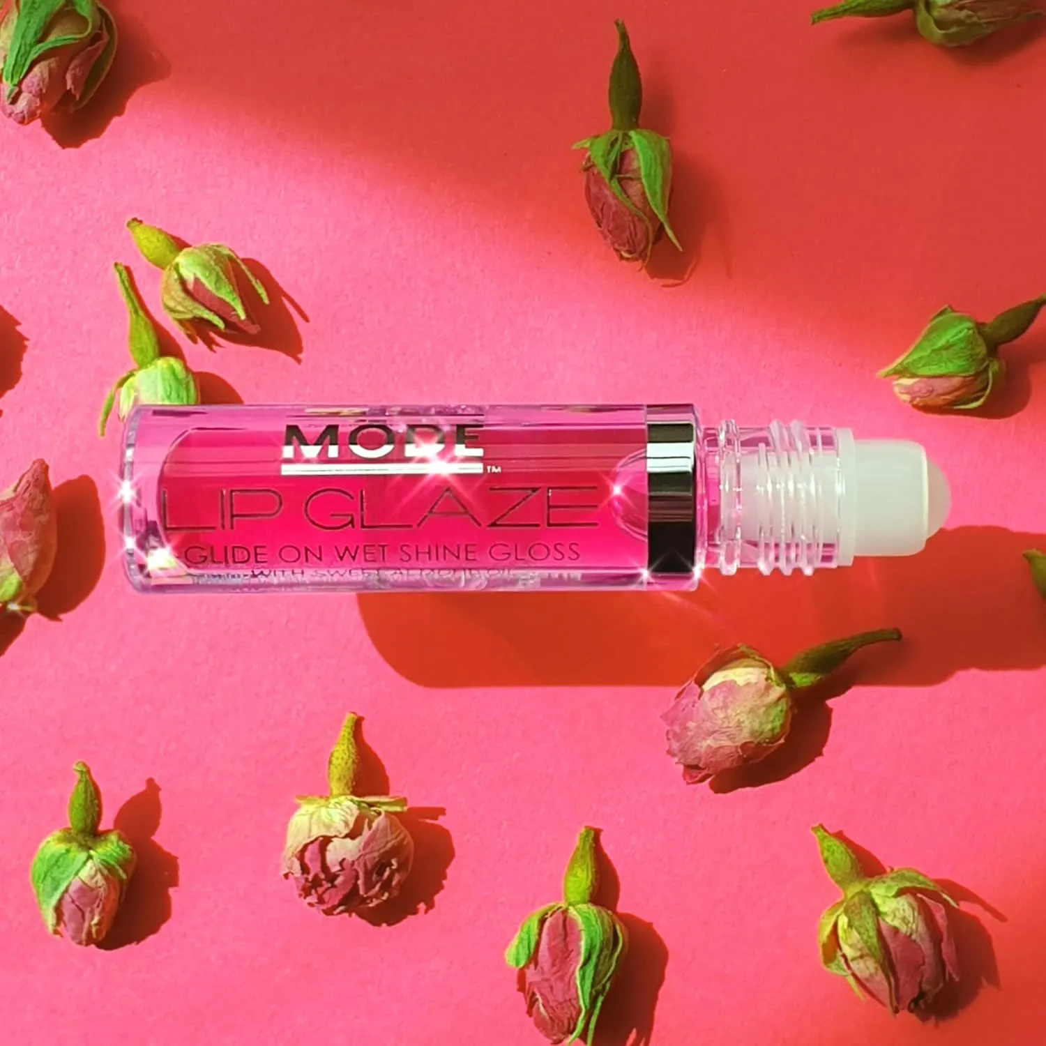 MODE Lip Glaze Flavored Lip Gloss KISS FROM A ROSE Delicious Flavor, Roll On Sweet Wet Nourishing Shine, Moisturizing Natural Skincare Fruit Oils, Made in NY USA
