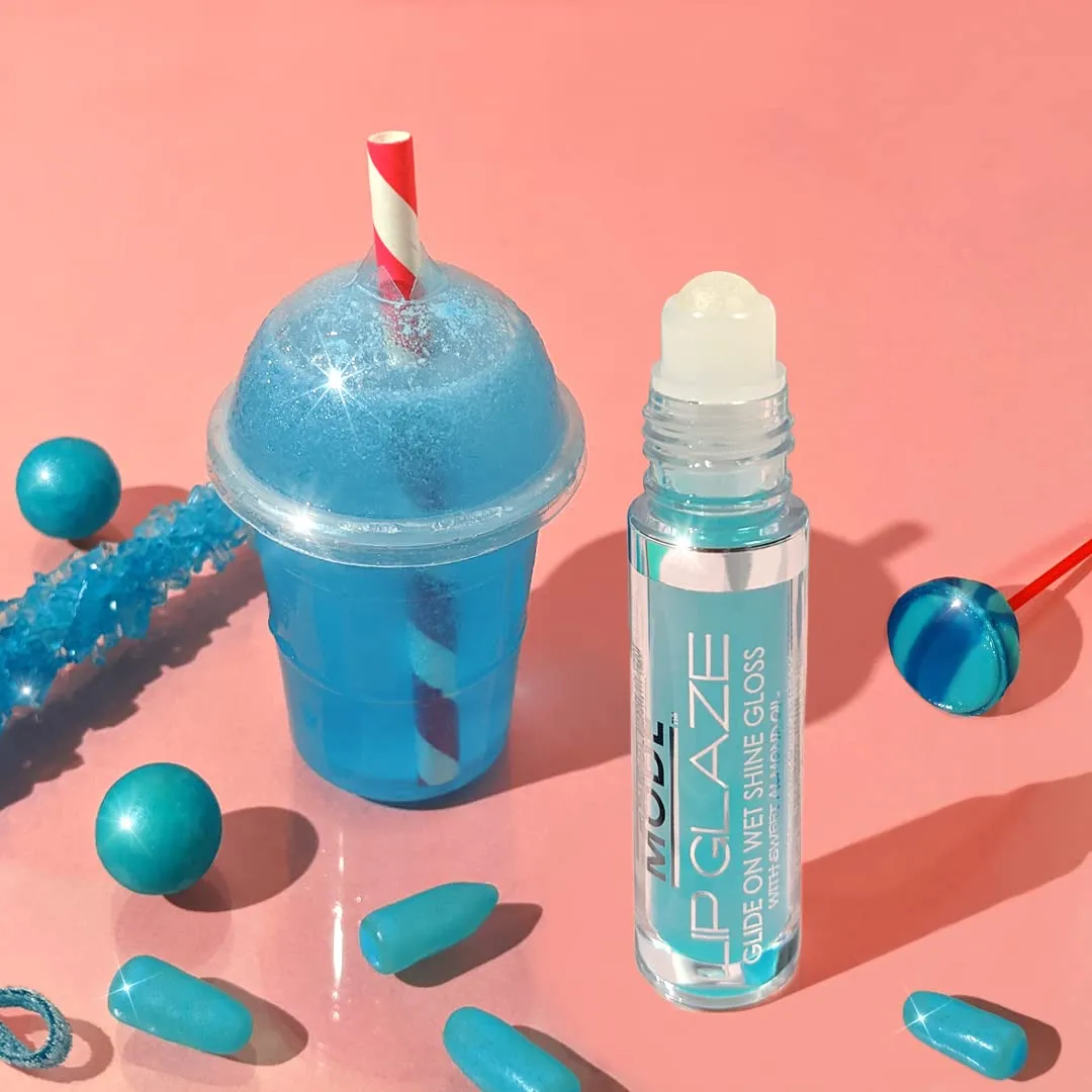 MODE Lip Glaze Flavored Lip Gloss Yummy BLUE RASPBERRY SLUSHIE Delicious Flavor, Roll On Sweet Wet Nourishing Shine, Hydrating Moisturizing Natural Skincare Fruit Oils, Made in NY USA