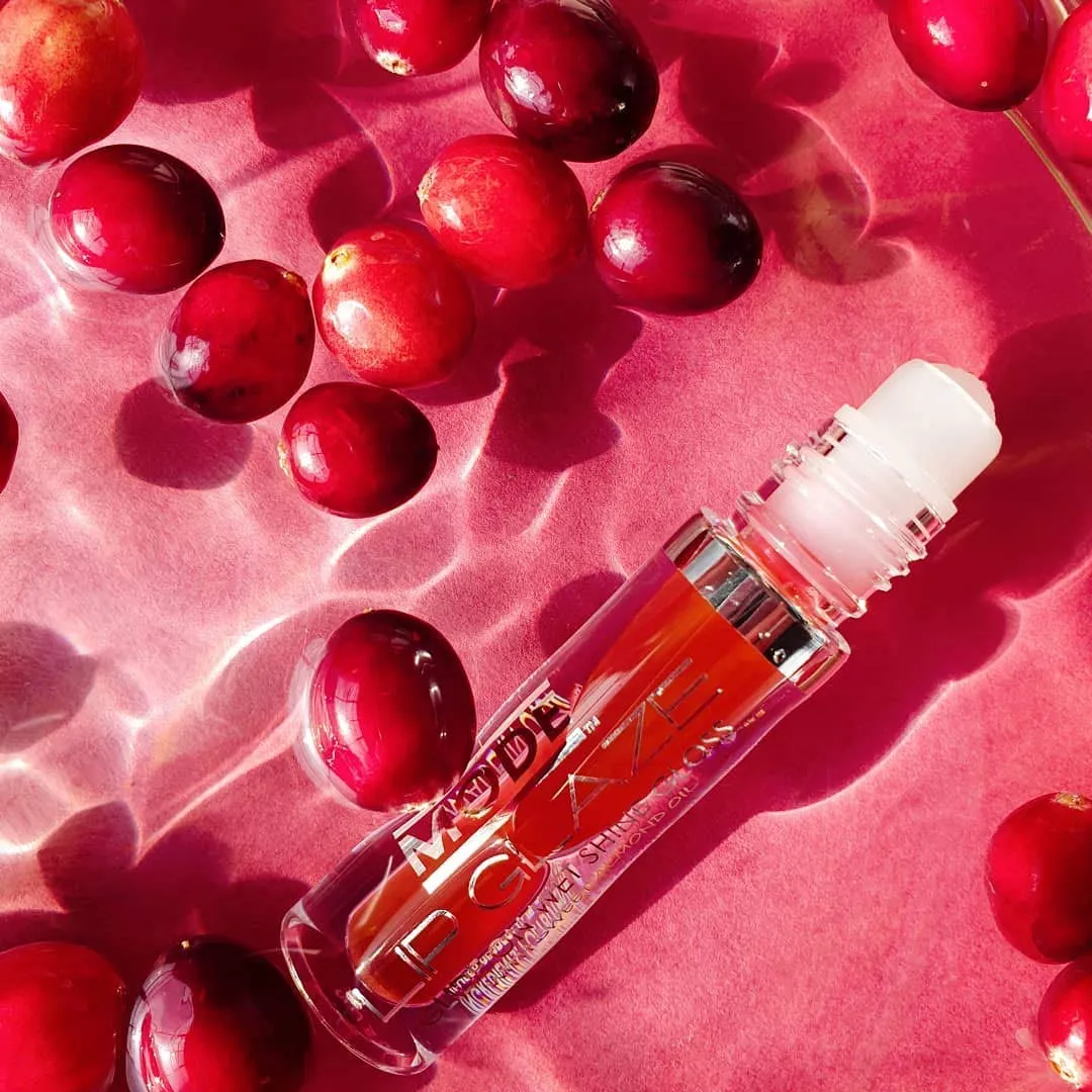 MODE Lip Glaze Flavored Lip Gloss Yummy CRANBERRY COSMO Flavor Roll On Sweet Wet Nourishing Shine, Hydrating Natural Skincare Fruit Oils