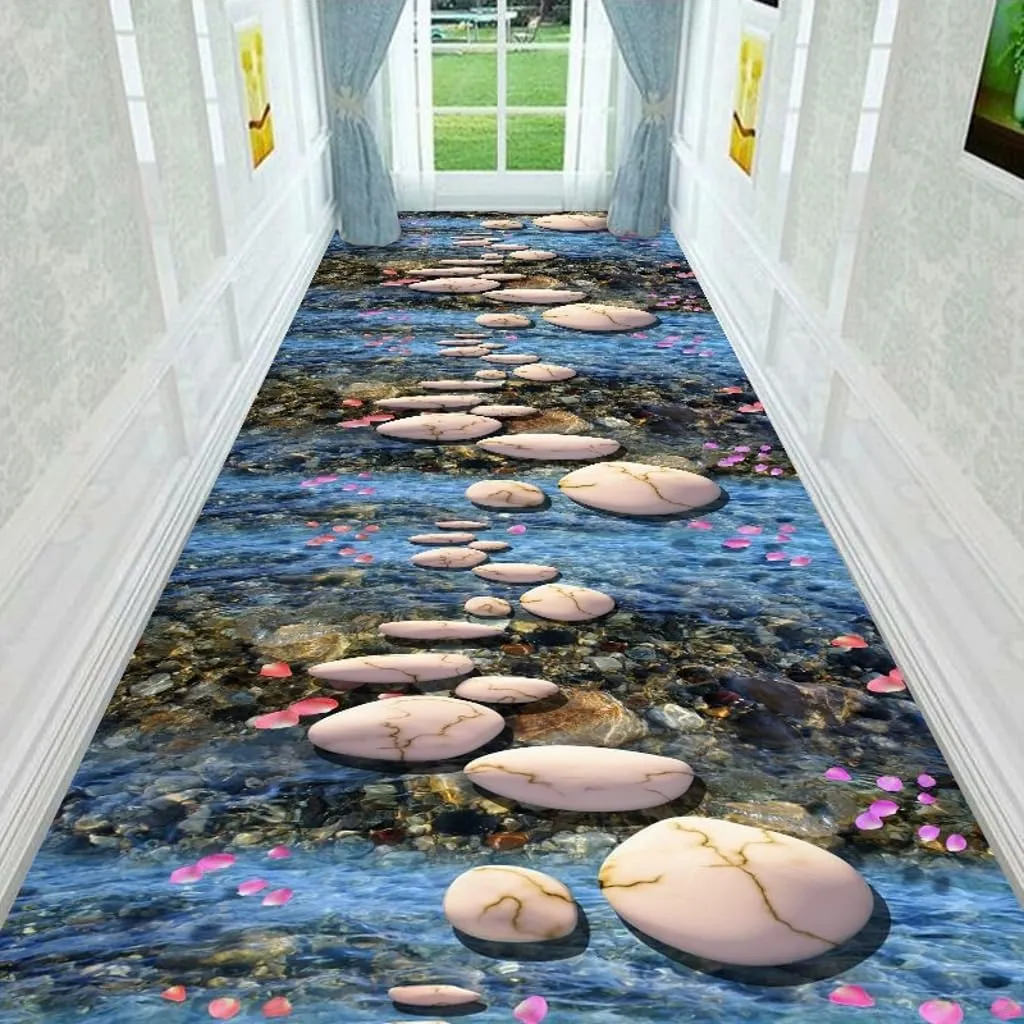 Modern 3D Natural Area Rugs 2x6 Beige Blue Pebbles Runner Rugs for Hallway Entryway Kitchen Soft Faux Wool Washable Laundry Bathroom Home Office Art Decor