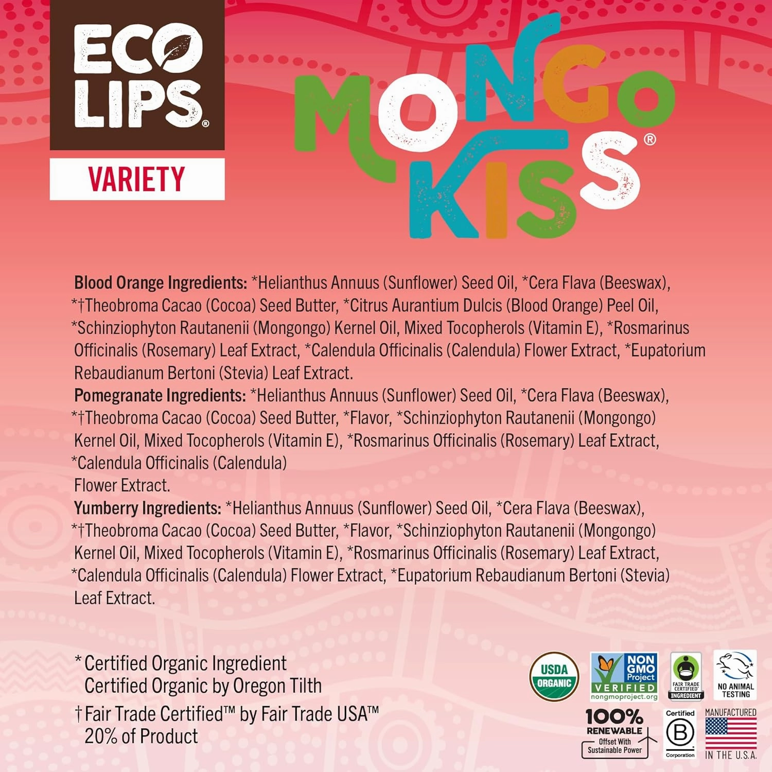 Mongo Kiss Organic Lip Balm 6-Pack by Eco Lips 100% Organic Beeswax & Cocoa Butter Lip Care with Mongongo Oil - Soothe & Moisturize Dry & Cracked Lips - Made in USA. (Pomegranate, Yumberry, Blood Oran