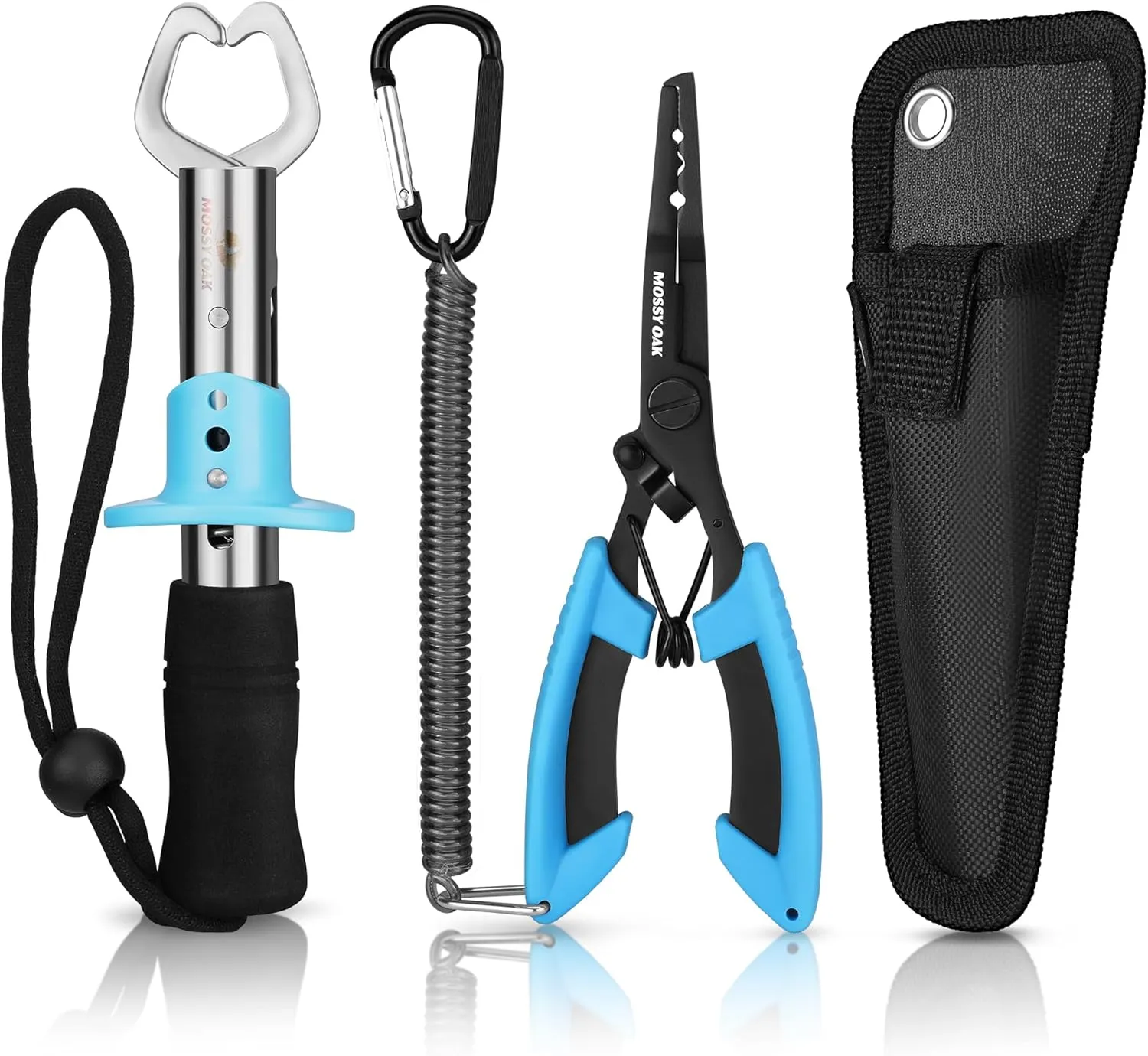 Mossy Oak Fishing Tools Kit - Plier, Fillet Knife, Lip Gripper, Hook Remover, Digital Scale, Line Snip, Fly Retractor, With Sheath Lanyard - Gifts for Men