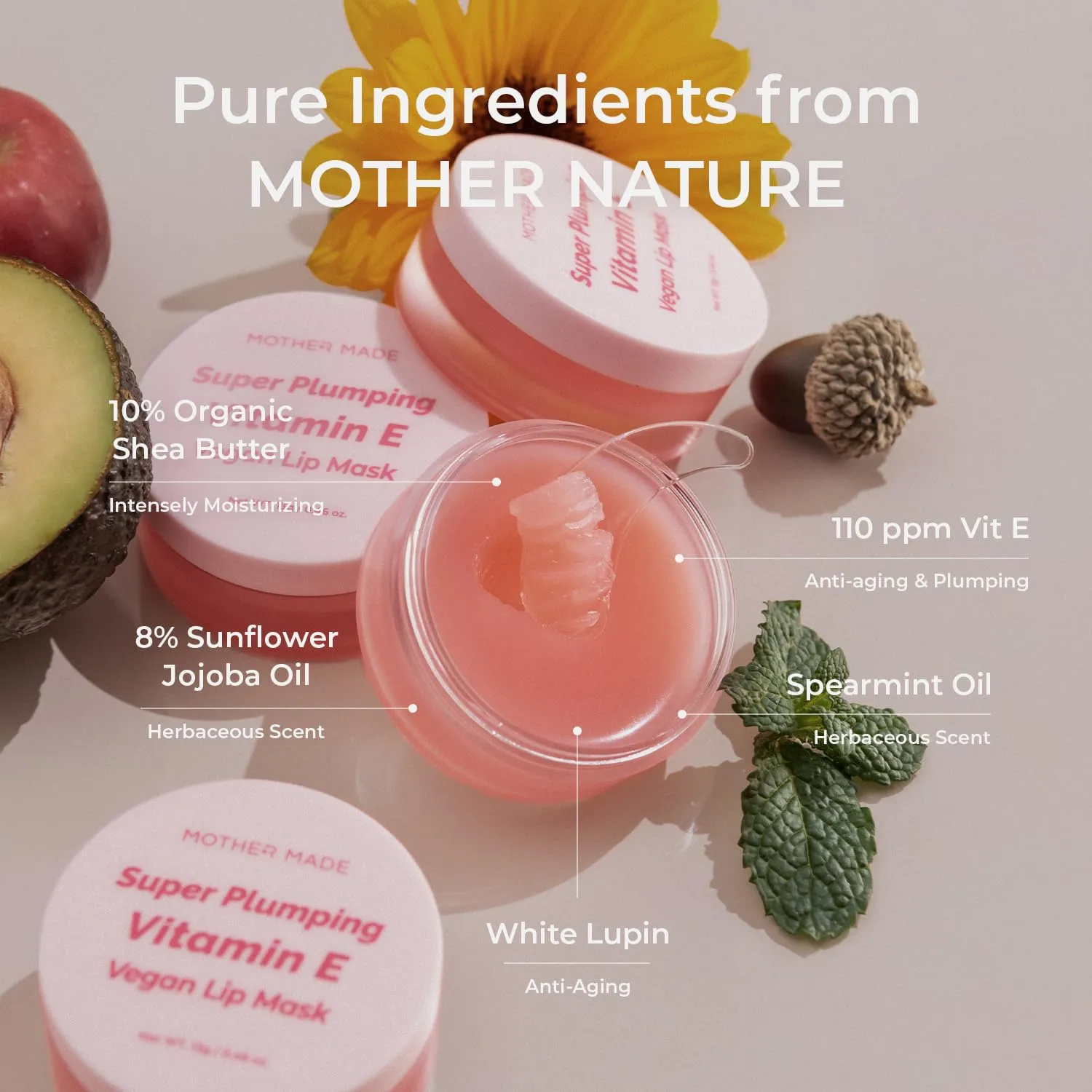 MOTHER MADE Vitamin E Vegan Lip Mask Lip Care Balm,with Organic Shea Butter, Natural Oils, Vegan Collagen, Gifts for Women, Korean Skin Care, 0.46 fl.oz.