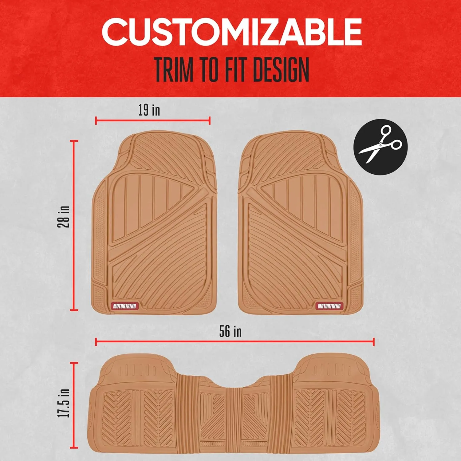 Motor Trend FlexTough Performance All Weather Rubber Car Floor Mats - 3 Piece Floor Mats Automotive Liners for Cars Truck SUV, Heavy-Duty Waterproof (Beige)