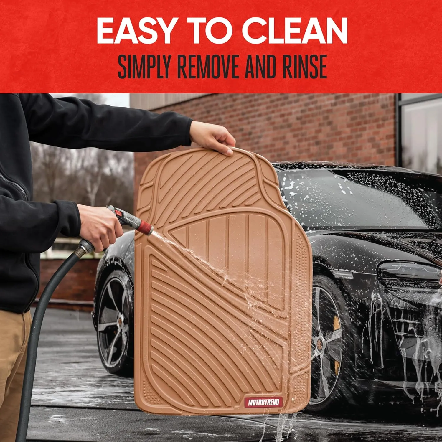 Motor Trend FlexTough Performance All Weather Rubber Car Floor Mats - 3 Piece Floor Mats Automotive Liners for Cars Truck SUV, Heavy-Duty Waterproof (Beige)