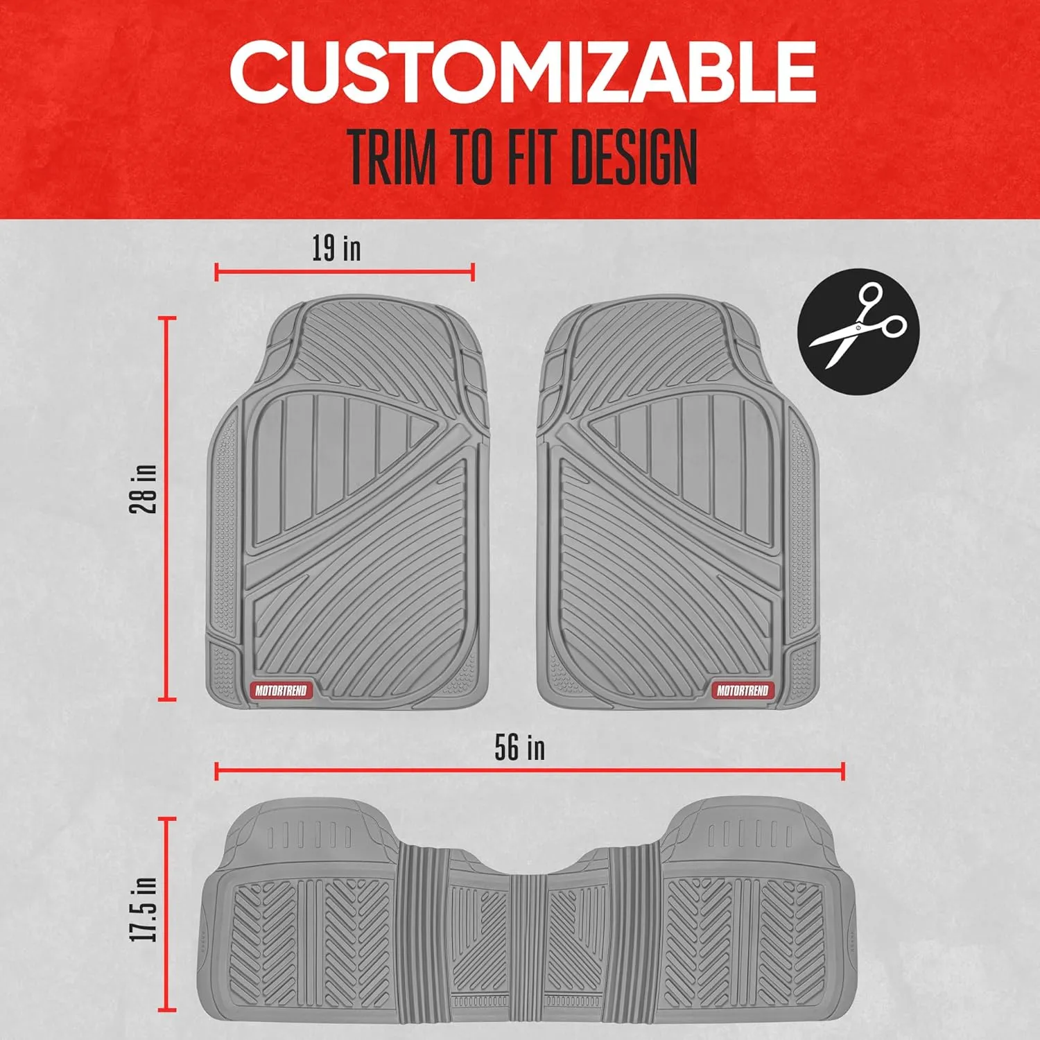 Motor Trend FlexTough Performance All Weather Rubber Car Floor Mats - 3 Piece Floor Mats Automotive Liners for Cars Truck SUV, Heavy-Duty Waterproof (Gray)