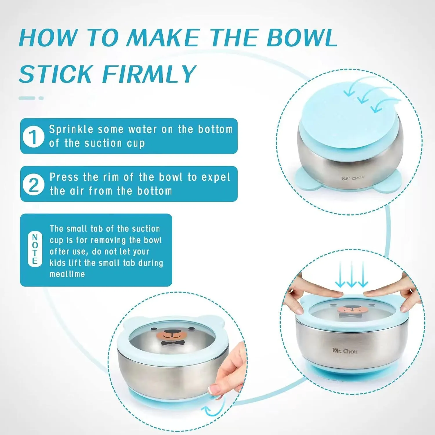 MR. CHOU Baby Bowls with Non-Slip Silicone Suction Cup, Insulated Double-Layer 304 Stainless Steel Toddler Bowls with BPA Free Airtight Lids, Food-Grade Silicone Safe for Kids (Blue)