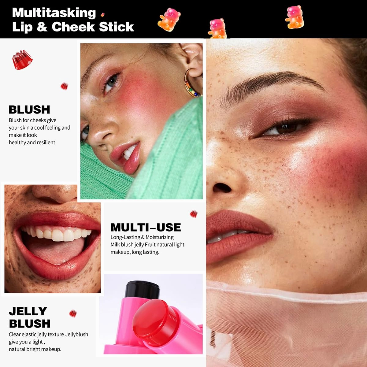 Multi-Use Water Jelly Tint Stick Sheer Lip & Cheek Stain Finish, 3-In-1 Cheek Blush & Eyeshadow & Lip Tinted Long-Lasting Moisture - 1,000  Swipes Per Stick (# 03, 0.32oz)