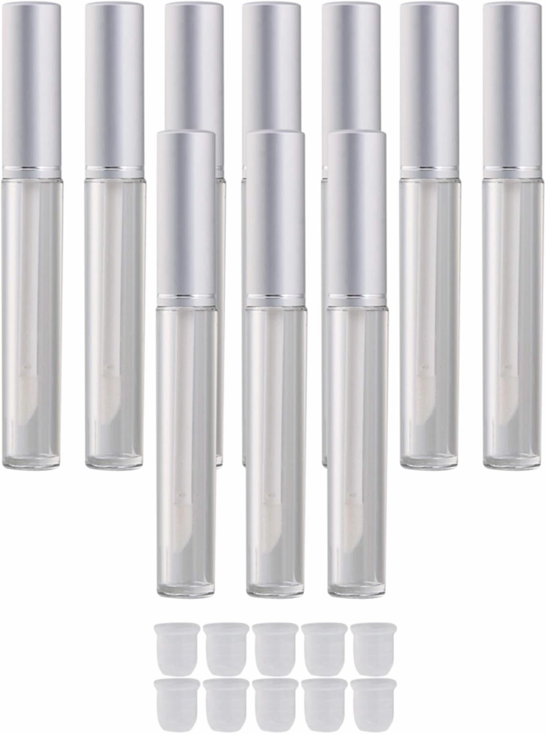 Mxfans 10pcs 3.5ml Lip Gloss Container with Wand Silver Cap Empty Clear Tube Refillable Lip Gloss Bottles with Rubber Stopper for DIY