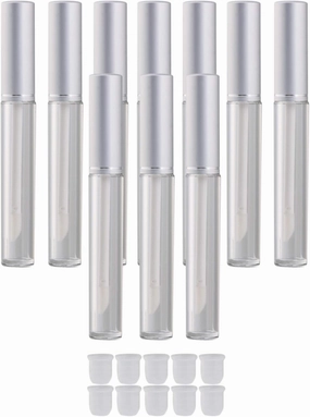 Mxfans 10pcs 3.5ml Lip Gloss Container with Wand Silver Cap Empty Clear Tube Refillable Lip Gloss Bottles with Rubber Stopper for DIY