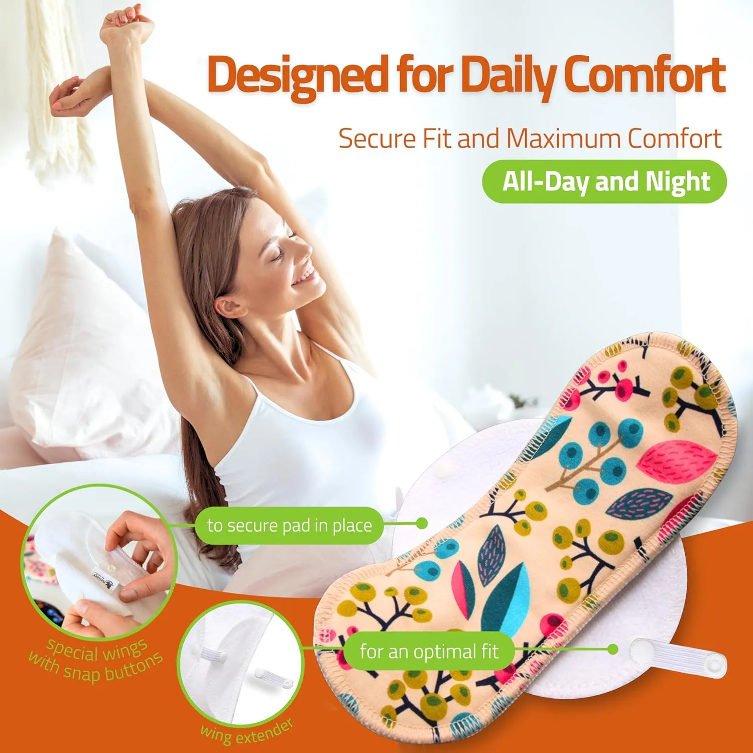 Natissy Cloth Panty Liners for Women; 7-Pack (M) Medium Organic Cotton Reusable Panty Liners Made in EU; Daily Panty Liners Washable for Women & Teens; Thin Sanitary Reusable Liners, NOT for Period