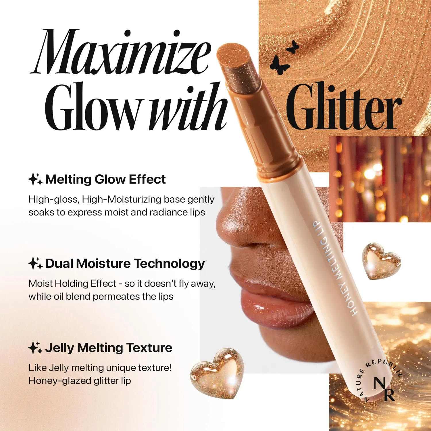 Nature Republic HONEY MELTING LIP GLITTER (14 MAPLE) SOFT LIP STICK Hydrating Gloss, Moisturizing balms, Shine Glimmer Finish, Shimmery-Sheer tint, korean make up