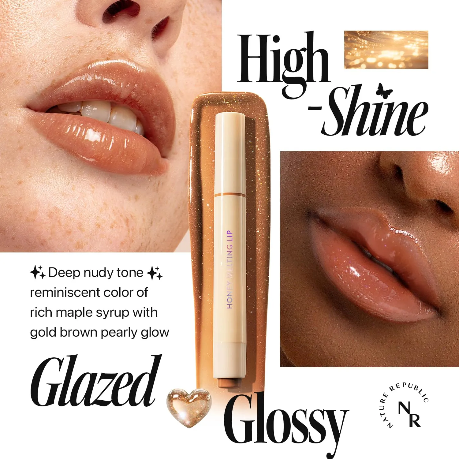 Nature Republic HONEY MELTING LIP GLITTER (14 MAPLE) SOFT LIP STICK Hydrating Gloss, Moisturizing balms, Shine Glimmer Finish, Shimmery-Sheer tint, korean make up