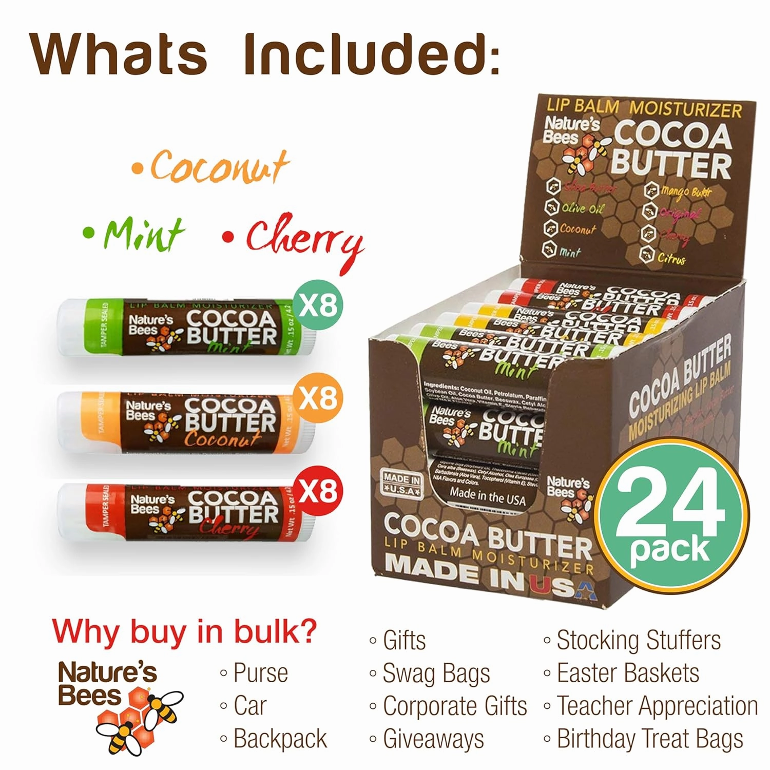 Nature's Bees Cocoa Butter Lip Balm, Lip Care for Dry Lips, Made with Coconut Oil, Beeswax, Vitamin E, Aloe, and Shea Butter, 0.15 oz Each, 3 Flavors Coconut, Cherry, and Mint, 24 Pack