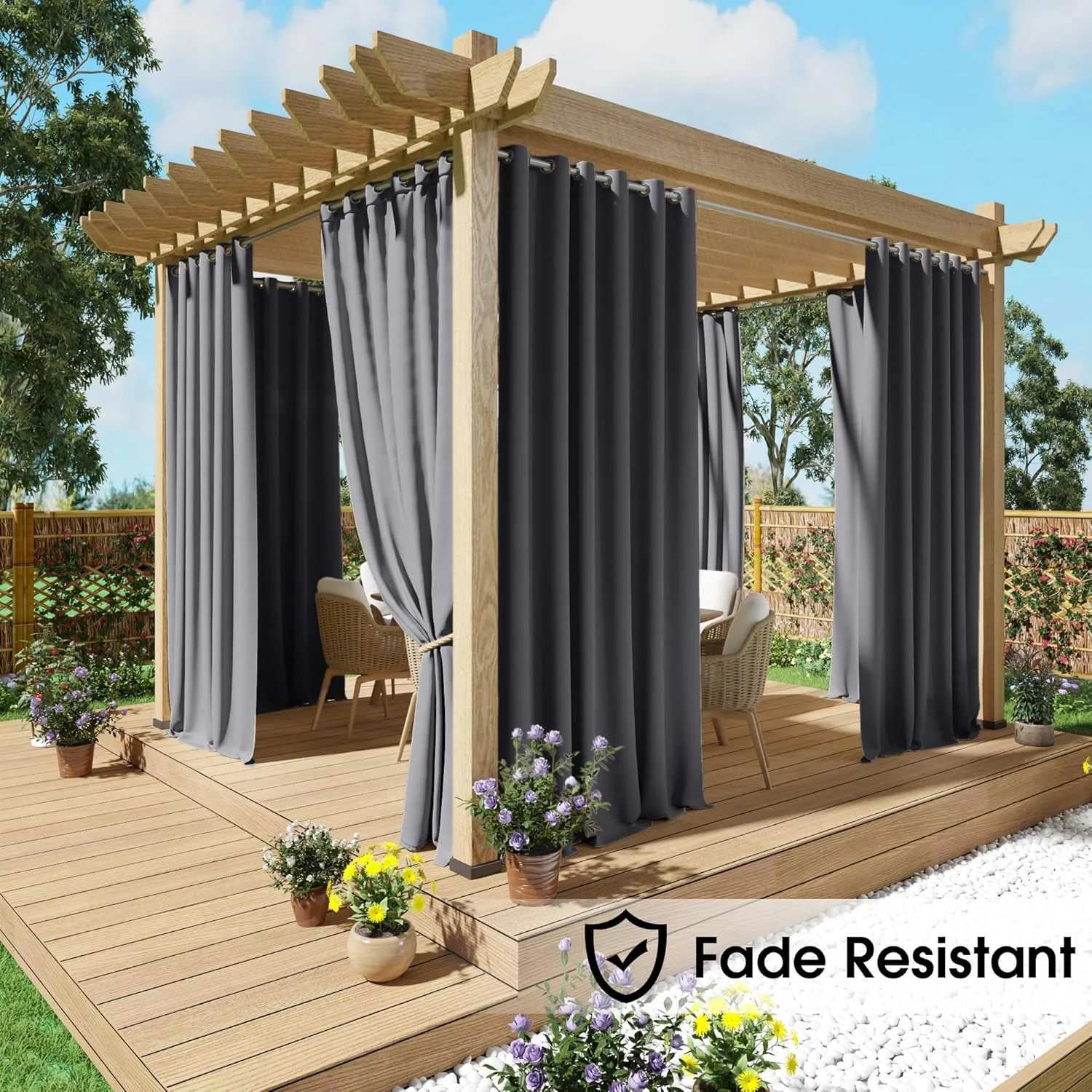 NICETOWN Fade Resistant Outdoor Curtains for Patio Waterproof 2 Panels, UV Protection Grade 4 Lightfastness Fade-Proof & Blackout Drapes for Deck, Porch, Gazebo, Grey, W52 x L96 Each Panel