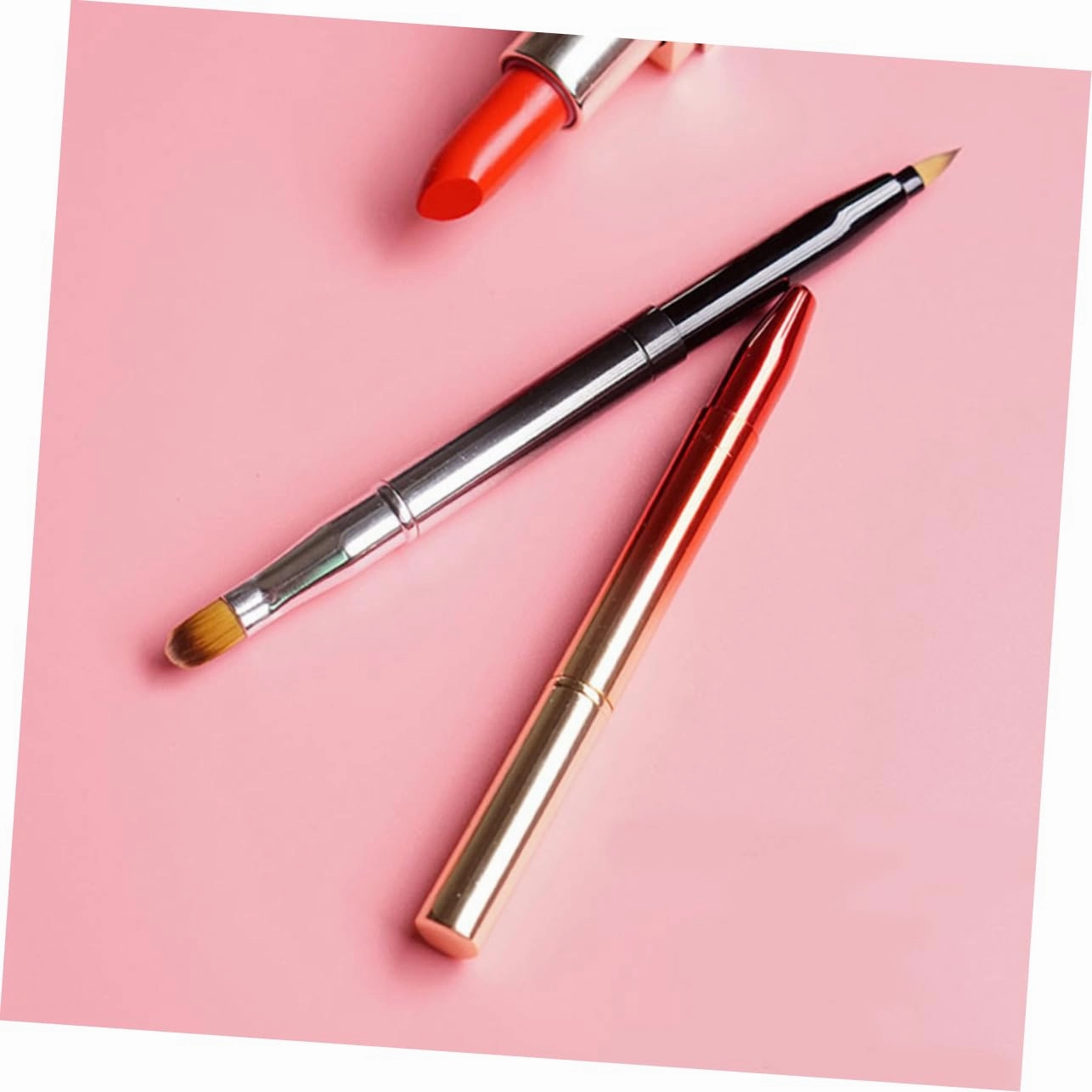 NOLITOY 3pcs Retractable Lip Brush Portable Dual-ended Cosmetic Tool Metal Shell for Lip Gloss Lipstick Application Flexible Makeup Brush for Home Use Black Gradient