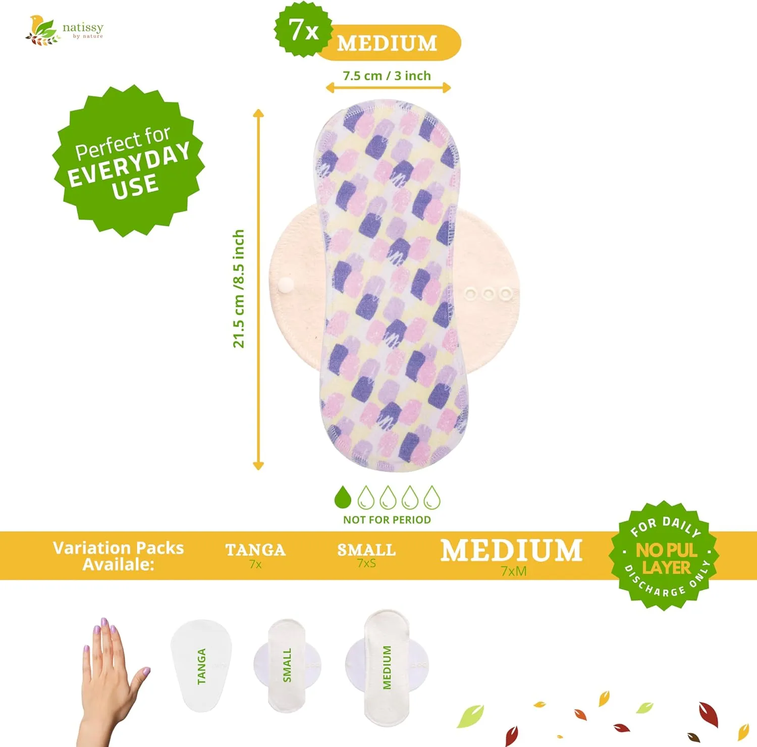 Non-Slip Organic Reusable Panty Liners for Women & Teens (Medium, 7-Pack) – High-Temp Washable Viscose Cloth Liners; Stay Fresh & Dry; for Daily Vaginal Discharge Only; 100% Breathable (no PUL/TPU)
