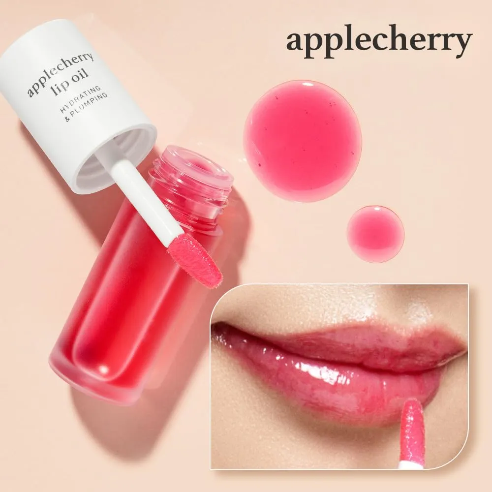 NOONI Korean Vegan Appleseed Lip Oil - Applecherry | Long-Lasting, Moisturizing, Plumping, Revitalizing for Dry Lips, Waterproof, No Peel Off, Hydrating, Nourishing, Mother's Day, 0.12 FL Oz